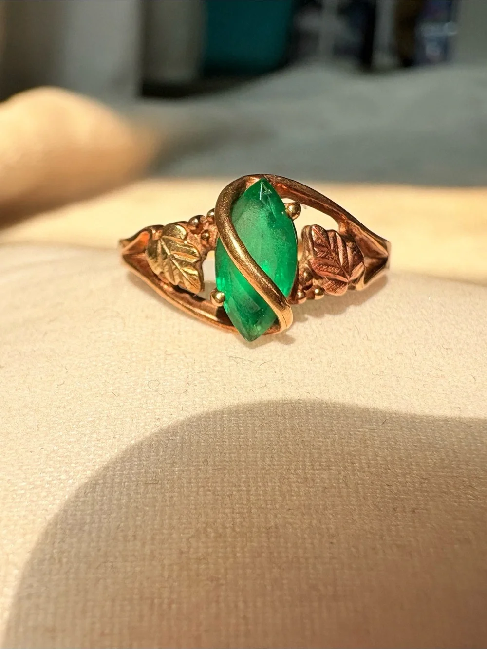 Black Hills Gold 10/12k Lab Created Emerald Marquise Wrap Ring Coleman Co